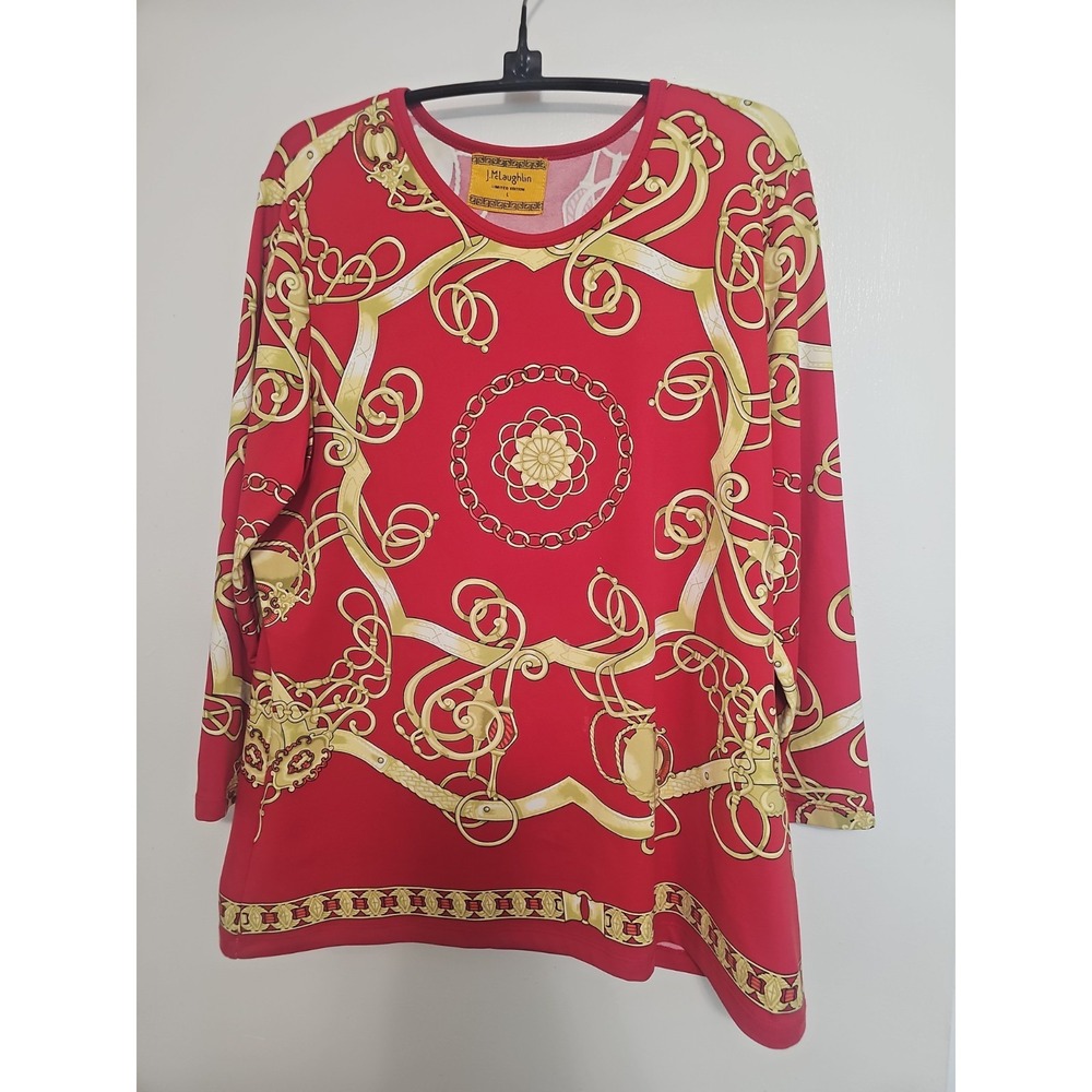 J McLaughlin Limited Edition Catalina Cloth Red Gold Yellow Equestrian Shirt L